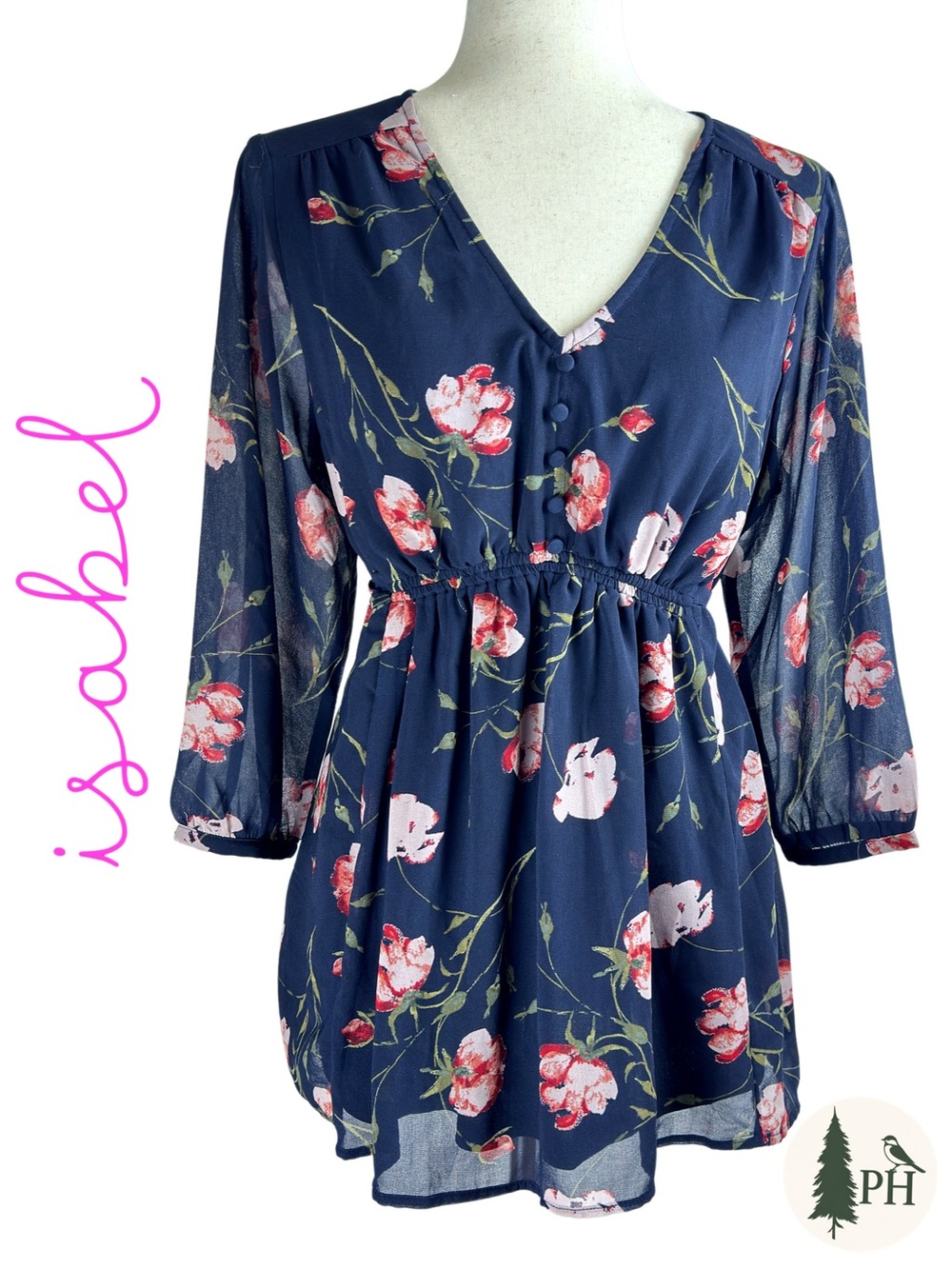 Isabel Maternity Ingrid & Isabel Top Navy Floral Chiffon 3/4 Sleeve Size Medium